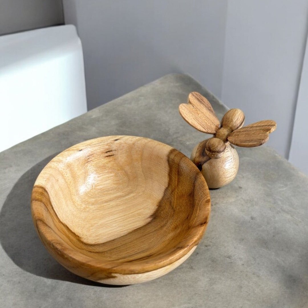 Bee Hand-Carved Honey Bowl