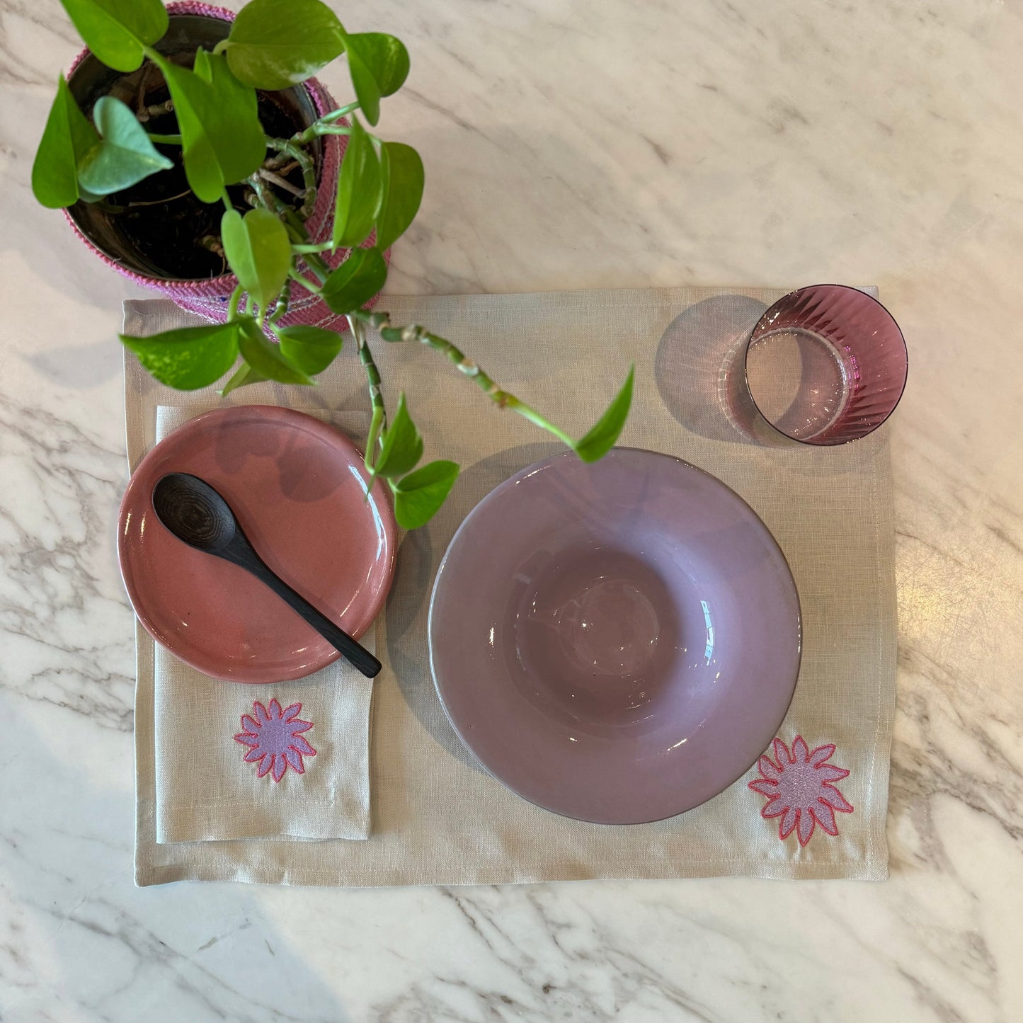 Pink Sun with Natural Linen Placemat Set of 6