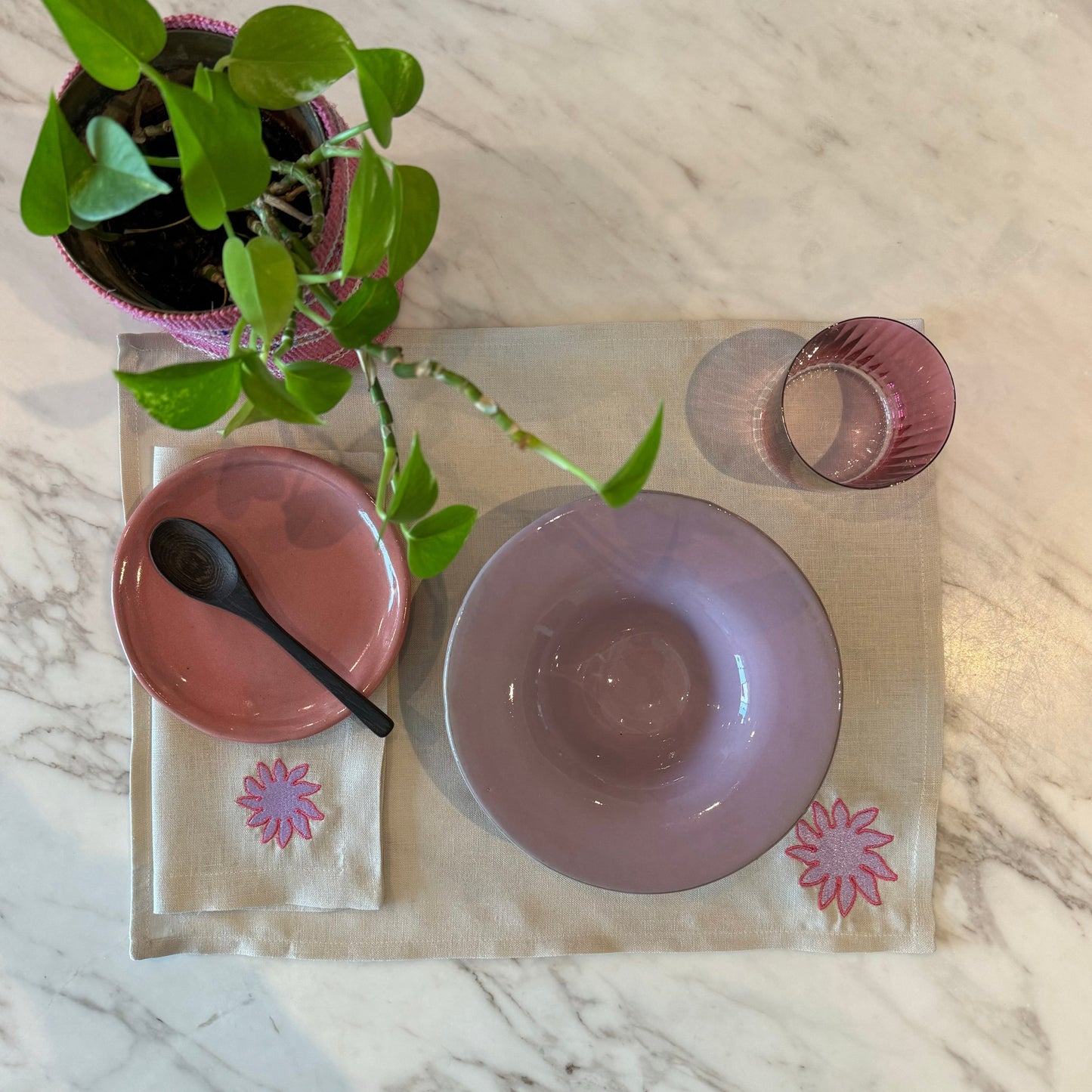 Pink Sun with Natural Linen Dinner Napkin Set of 6