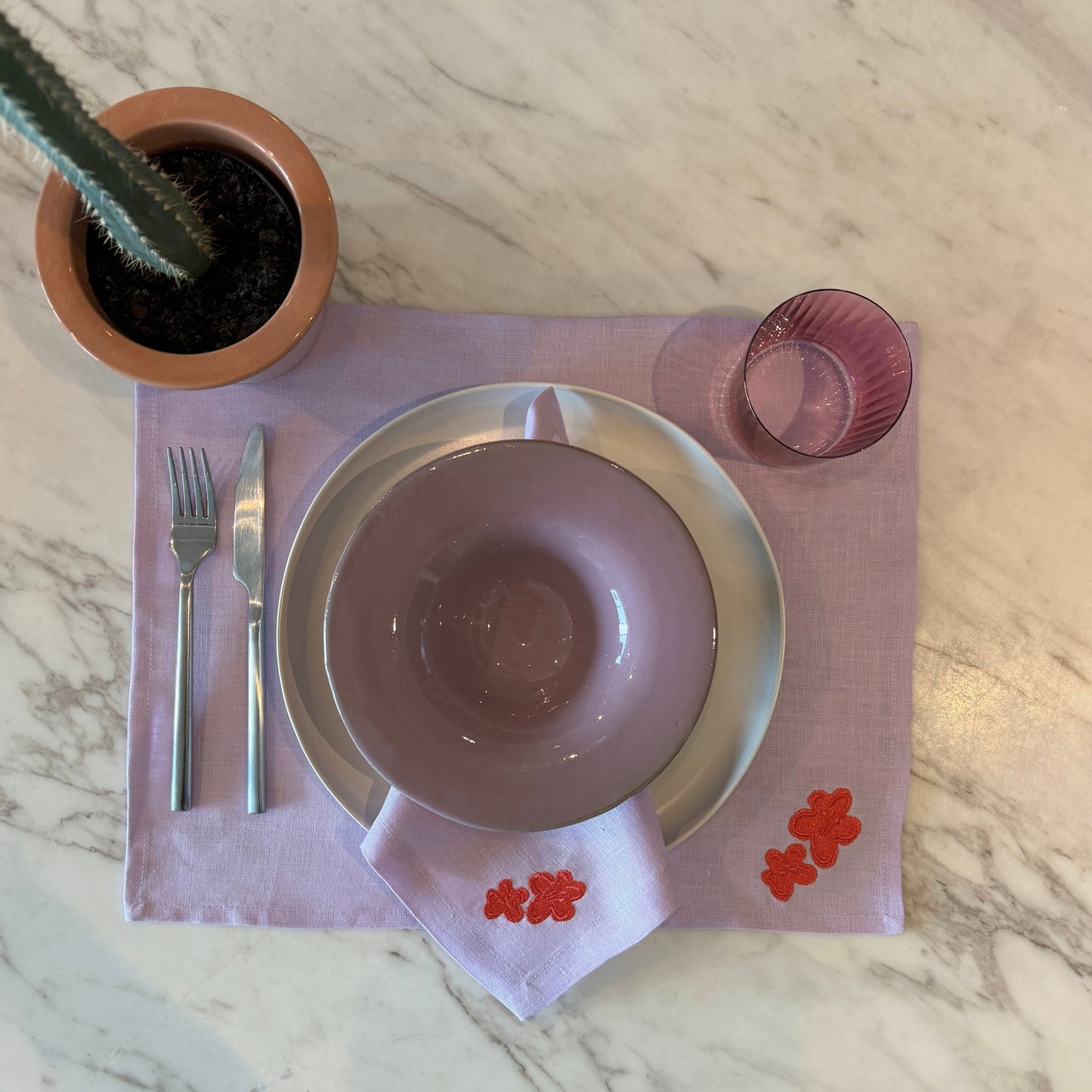 Coral Flower with Lilac Linen Placemat Set of 6