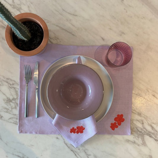Coral Flower with Lilac Linen Placemat Set of 6