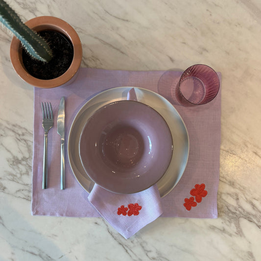 Coral Flower with Lilac Linen Dinner Napkin Set of 6